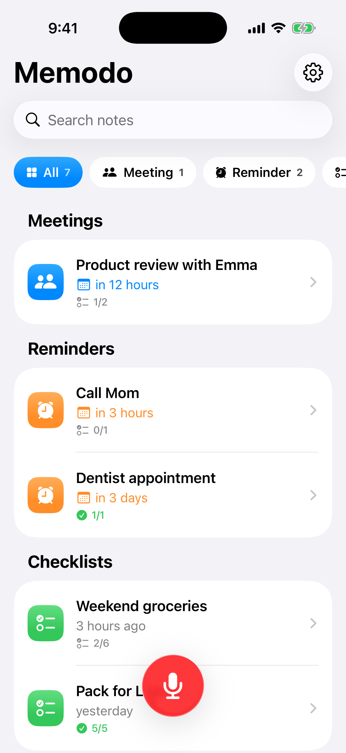 Memodo showing meetings, reminders and checklists