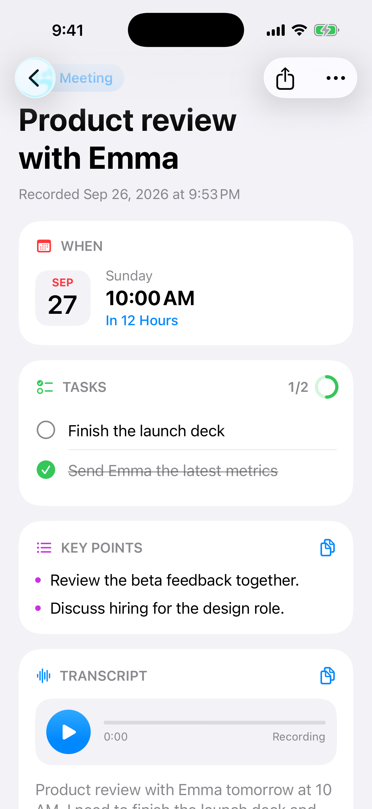 Memodo meeting note with date, tasks, key points and transcript